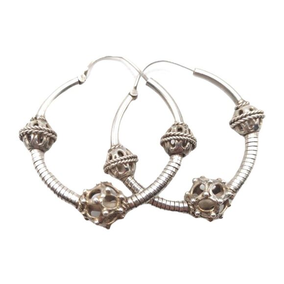 Antique Eastern European Slavic Sterling Silver Tribal Folk Hoop Earrings 15.6g - Picture 1 of 8
